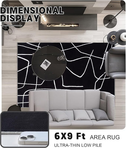 YIHOUSE Modern Washable Area Rug for Living Room Bedroom - Large Abstract Black and White Rug Non-Slip Ultra-Thin Home Decor (Dark Abstract, 6'x9'ft)