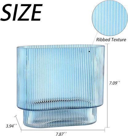 Ribbed Glass Vase, Blue Glass Vase, Fluted Short Vases for Flowers, Modern Vases for Living Room, Dining Room, Bathroom, Desk, Shelf, Wedding, Office, 7 Inches