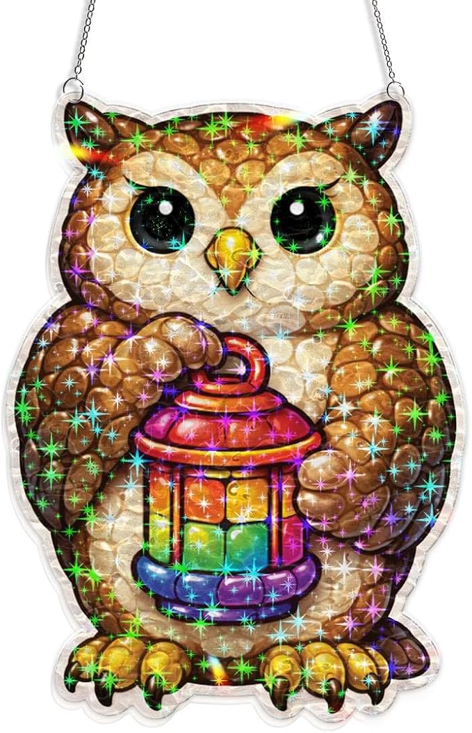Bronze Owl Beacon Acrylic Suncatcher, Window Hanging Sun Catcher Ornament, Crystal Prism Light Catcher Decor, Sunlight Window Decor, Aesthetic Home Decor Gift