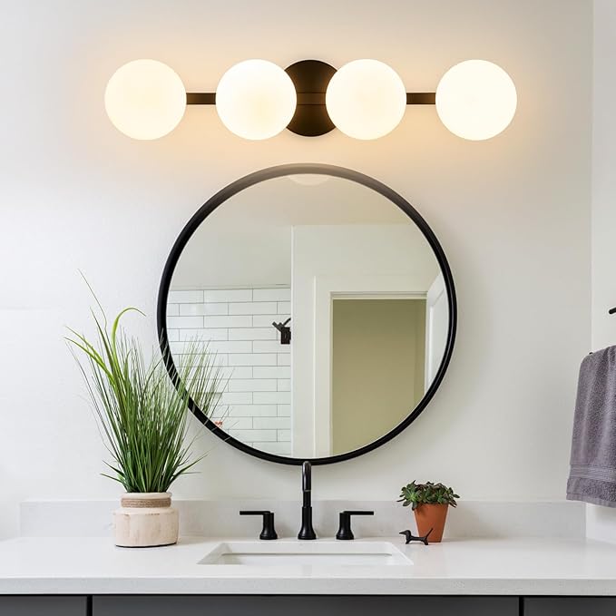Bathroom Vanity Mirror Light Fixtures: 4 Lights Bath Wall Sconce Lighting - Black Vanity Lights with Milk Glass Shade - Modern Minimalist Makeup Light Fixture above Mirror for Hallway Bedroom E26 Base