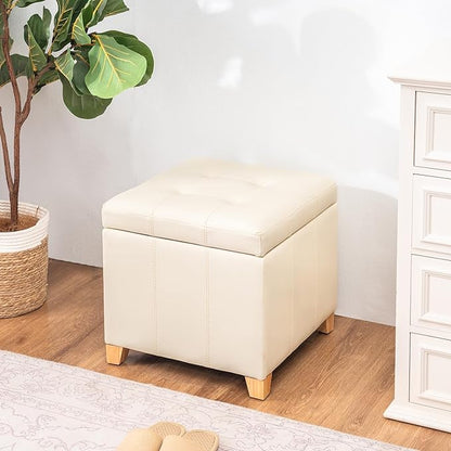 Adeco Faux Leather Storage Ottoman with Hinged Lid, 16 Inch High Light Yellow Ivory Square Cube Foot Stool with Storage, Upholstered Vanity Stool with Solid Wood Legs for Living Room, Bedroom