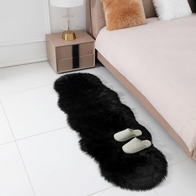 Faux Fur Rug Sheepskin Shag Fluffy Fuzzy Black 2x6 ft Runner Rugs for Bedroom Bedside Bed Floor Living Room Plush High-Density Cushion Carpet Super Sofa Cover