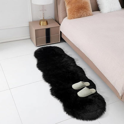Faux Fur Rug Sheepskin Shag Fluffy Fuzzy Black 2x6 ft Runner Rugs for Bedroom Bedside Bed Floor Living Room Plush High-Density Cushion Carpet Super Sofa Cover