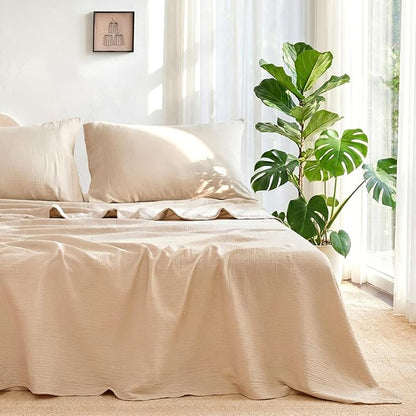 King Sheet Set Cotton Bed Sheets Gauze 4 Pcs Linen King Sheets Set 16" Deep Pocket Sheet & Pillowcase Sets Boho Muslin King Sheets Soft King Bedding Sets for All Season