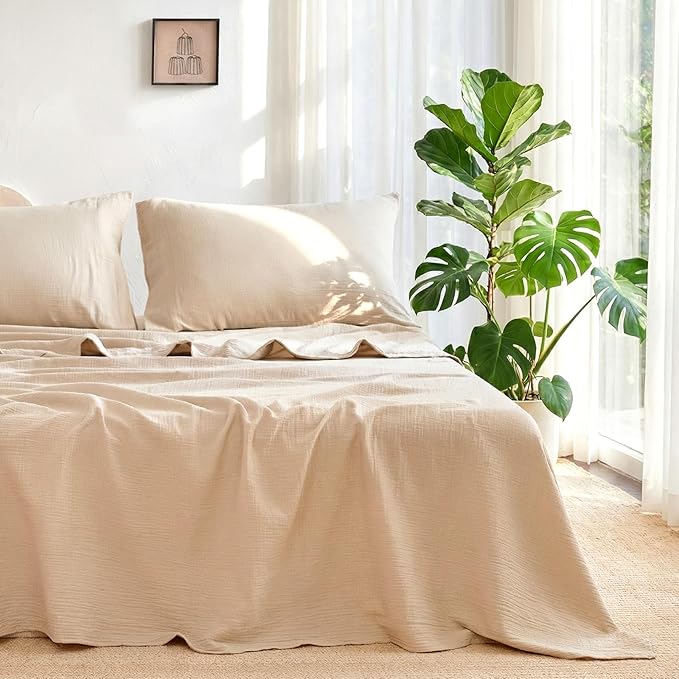 Queen Sheet Set Cotton Bed Sheets Gauze 4 Pcs Linen Queen Sheets Set 16" Deep Pocket Sheet & Pillowcase Sets Boho Muslin Queen Sheets Soft Queen Bedding Sets for All Season