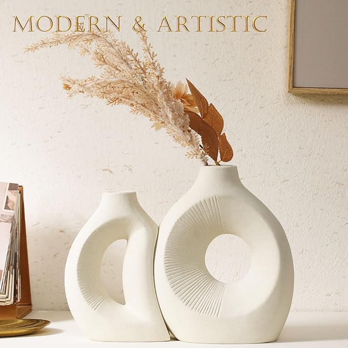 Ceramic Vase Set of 2 - Handcrafted Ceramic Vases for Home Decor & Shelf - Modern Farmhouse Decor for Kitchen, Office, Bedroom & Living Room Decorative Objects for Mantel, Table Centerpieces