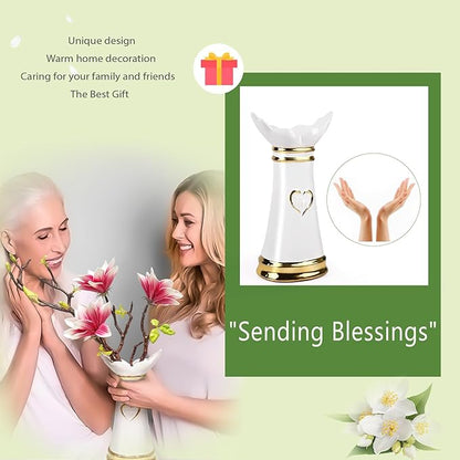 LoveLin Artificial Flowers Pink with Ceramic Vase - Ready-to-Display Home Decor Indoor for Living Room, Dining Table, Office, Wedding & Housewarming, Magnolia Flower & White Vase