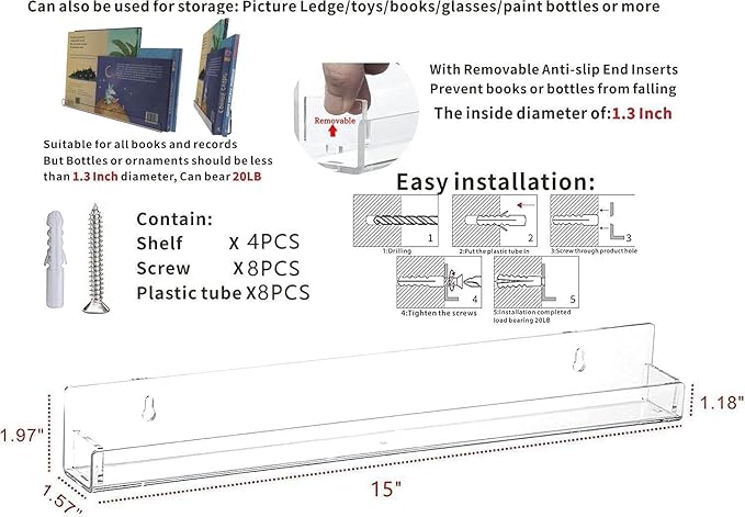 4 Pack Vinyl Record Wall Display,15" Acrylic Invisible Floating Bookshelf for Kids Room,Clear Wall Mounted Hanging Book Shelves,Modern Picture Ledge Display and Album Vinyl Wall Mount Shelf