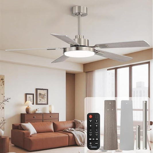 52 Inch Ceiling Fans with Lights and Remote for Bedroom Living Room Kitchen Office, Indoor/Outdoor Use, 5CCT Dimmable, 5 Blades, 6 Speed Reversible Quiet DC Motor, Sand-nickel/Wood Grain