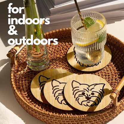 Set of 6 Bamboo Laser-Engraved Fun Dog Coasters with Iron Holder - Gift Packaging 3.9 Inch Non-Stick Absorbent Durable and Unbreakable Wooden Cup Coasters for Dog Lovers (Yorkie)