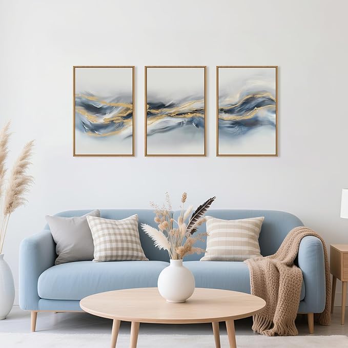 Large Abstract Navy Blue Gold Framed Canvas Wall Art,Watercolor Brush Stroke Wall Decor,Neutral Geometric Wave Artwork,Modern Minimalist Shape Art Print for Living Room,Bedroom,Office-16"x24"x3