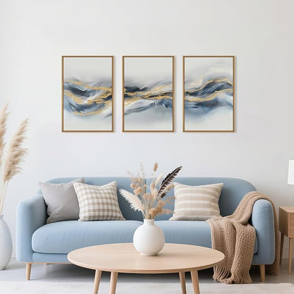 Large Abstract Navy Blue Gold Framed Canvas Wall Art,Watercolor Brush Stroke Wall Decor,Neutral Geometric Wave Artwork,Modern Minimalist Shape Art Print for Living Room,Bedroom,Office-16"x24"x3