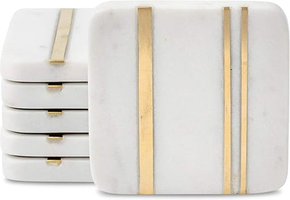 Cork & Mill Marble Coasters Set of 6 - Real Natural Stone - Luxury Aesthetic Square Coasters - Neutral White Marble with Gold Brass Inlay - Semi Absorbent Stone