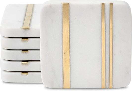 Cork & Mill Marble Coasters Set of 6 - Real Natural Stone - Luxury Aesthetic Square Coasters - Neutral White Marble with Gold Brass Inlay - Semi Absorbent Stone