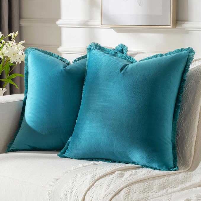 FUTEI Teal Velvet Decorative Throw Pillow Covers 20x20 Set of 2,Soft Cozy Edge with Tassels Cushion Case,Boho Modern Home Decor for Couch Bed Living Room