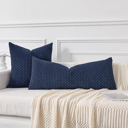 Kevin Textile 14x36 Inch Long Lumbar 1 Pack Boho Decorative Throw Pillow Cover Soft Striped Corduroy Rectangle Cushion Case Farmhouse Solid Color Accent for Living Room Couch Sofa Bed, Navy Blue