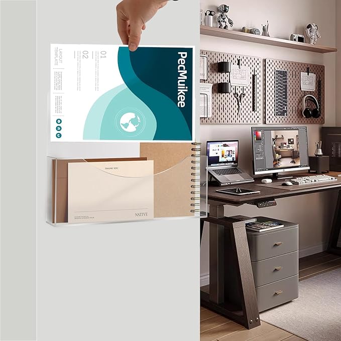 PecMuikee Wall File Organizer, Horizontal Acrylic Mail Magazine Holder Wall Mount, 4 Colors of Screw Caps Included Hanging File Organizer for School, Office, Hospital, 2 Pcs