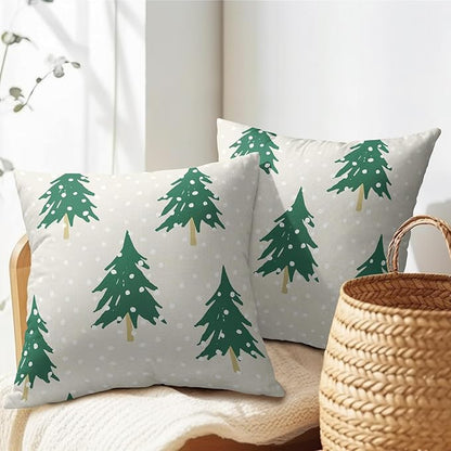 Christmas Tree Pillow Covers 20x20 Set of 2 Green Beige Xmas Snow Pattern Rustic Decorative Outdoor Farmhouse Zipper Pillowcases Decorations Winter Holiday Throw Cushion Cover Decor for Couch Sofa Bed