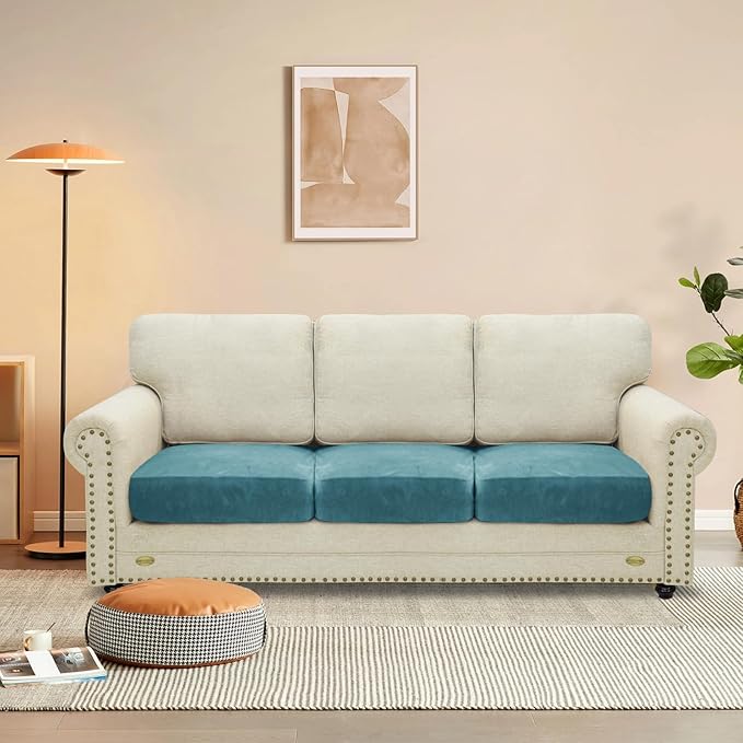 MAXIJIN Velvet Stretch Seat Cushion Covers Couch Cushion Cover for Individual Cushions Sofa Seat Cushion Slipcovers with Elastic Bottom (3 Piece XL Sofa Cushion Covers, Peacock Blue)