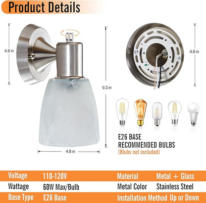 Wall Sconces Set of 2, Brushed Nickel Vanity Lights for Bathroom, Modern Wall Light Fixtures with Rotary Switch, Wall Mount Light with Frosted Glass, Farmhouse Lamp for Bedroom Living Room