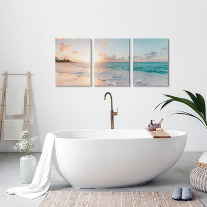 Goldfoilart 3 Pieces Beach Wall Art Sunset Bathroom Canvas Pictures Ocean Wall Decor Waves Prints Paintings for Living Room Bedroom Decorations Ready to Hang 12"x16" x 3pcs
