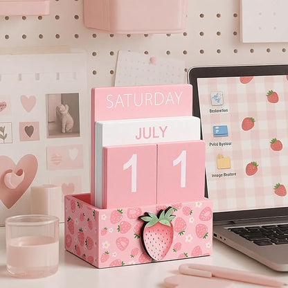 Pink Strawberry Wood Block Perpetual Calendar Coquettish Desk Decor Cute Month Week Date Display Decorative Block Calendar for Women Office Home Desk Gift for Women