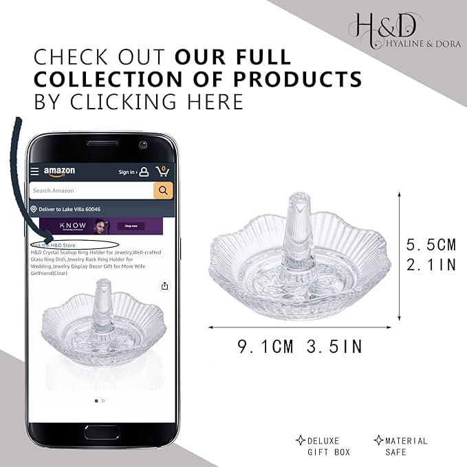 H&D HYALINE & DORA Crystal Scallop Ring Holder for Jewelry,Well-crafted Glass Rings Dish,Jewelry Rack Ring Holder for Wedding,Jewelry Display Decor Gift for Mom Wife Girlfriend(Clear)