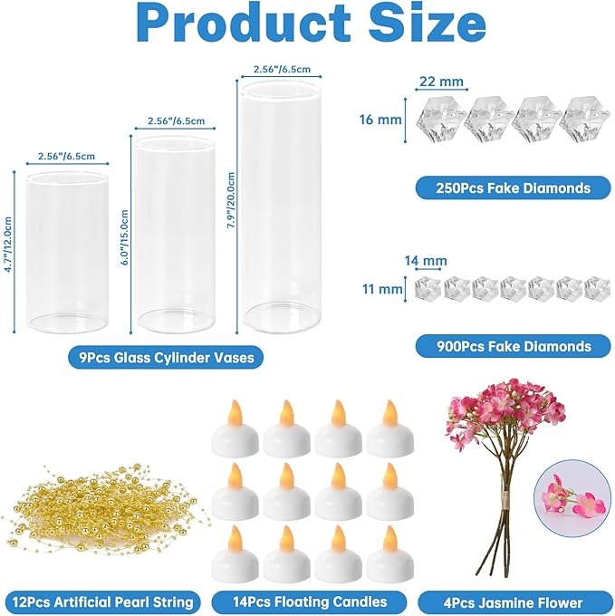 9Pcs Glass Cylinder Vases with Floating Candles for Centerpieces, 1150 Acrylic Fake Ice Cubes 12 Pearl String Vase Filler Floating Candle Holder Centerpieces for Tables Party Event Wedding Home Decor