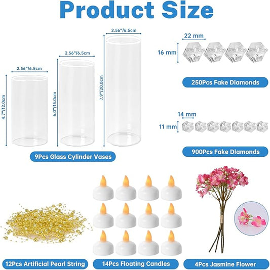 9Pcs Glass Cylinder Vases with Floating Candles for Centerpieces, 1150 Acrylic Fake Ice Cubes 12 Pearl String Vase Filler Floating Candle Holder Centerpieces for Tables Party Event Wedding Home Decor