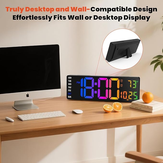 16" Large Digital Wall Clock,9 RGB Colors Digital Clock Large Display with Remote Control,Auto-Dimming,Countdown,Temp,Night Lights for Classroom,Living Room,House Warming, for Elderly