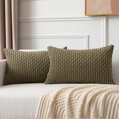 Kevin Textile 12x20 Inch Pillow Cover 1 Pack Boho Decorative Soft Striped Corduroy Lumbar Farmhouse Color Accent Rectangle Cushion Case for Living Room Couch Sofa Bed, Olive Green