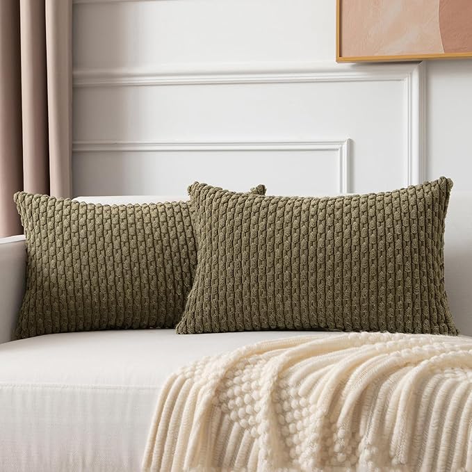 Kevin Textile Pack of 2 Corduroy Decorative Throw Pillow Covers 12x20 Inch Soft Boho Striped Pillow Covers Modern Farmhouse Home Decor for Sofa Living Room Couch Bed Olive Green