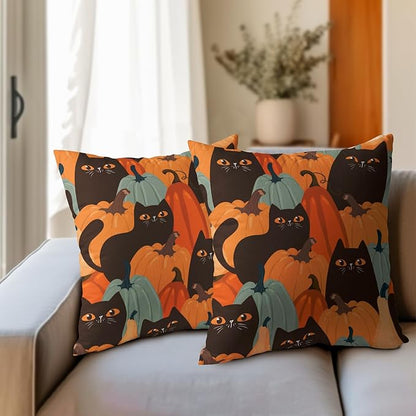 Halloween Pumpkin Fall Pillow Covers 22x22 Set of 2 Burnt Orange Cute Black Cat Print Decorative Autumn Outdoor Pillowcases with Zipper Farmhouse Holiday Throw Cushion Case Decor for Couch Sofa Bed