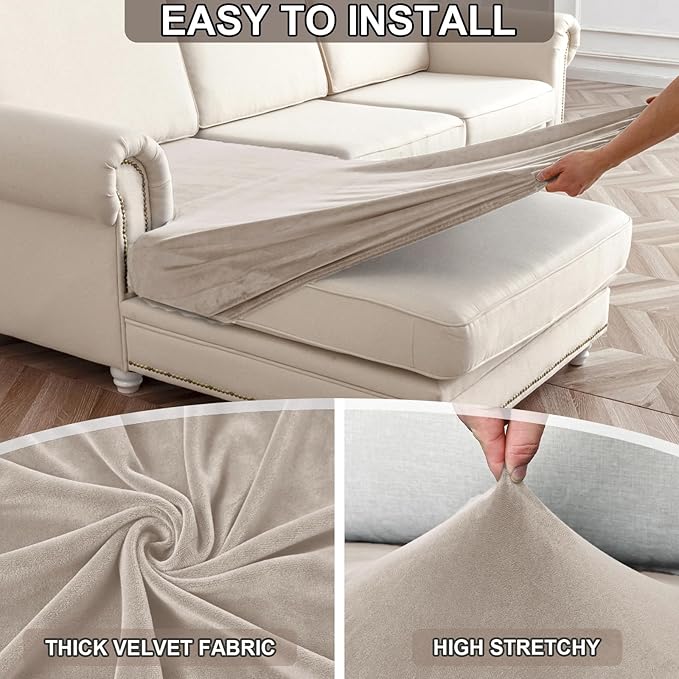 NAISI Waterproof Couch Cushion Covers Thick Velvet Fabric Washable Sofa Slipcovers 3 Pieces Individual Sectional Couch Covers with Elastic Bottom(3 Pcs for 3-Seat or Backrest,Light Taupe)
