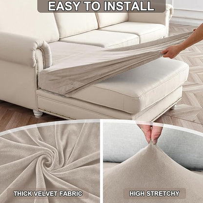NAISI Waterproof Couch Cushion Covers Thick Velvet Fabric Washable Sofa Slipcovers 3 Pieces Individual Sectional Couch Covers with Elastic Bottom(3 Pcs for 3-Seat or Backrest,Light Taupe)