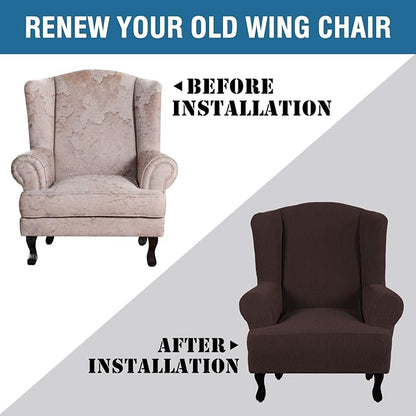 H.VERSAILTEX Wing Chair Slipcover Chair Covers for Wingback Chairs Wingback Chair Covers Slipcovers 1 Piece Stretch Sofa Cover Furniture Protector Soft Spandex Jacquard Checked Pattern, Chocolate