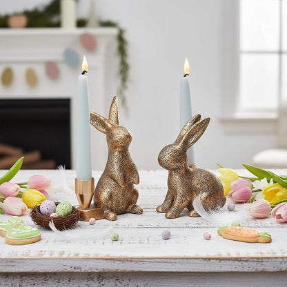 Gold Rabbit Candle Holders - Bunny Set of 2 Vintage Rustic Pedestal Candlesticks, Easter Decorations, Holiday & Themed Decor, Centerpieces for Fireplace Mantle & Dining Table