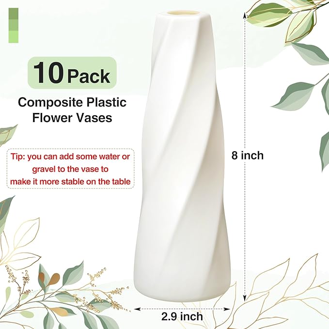 10 Pack Composite Plastic Flower Vases Bulk White Small Boho Floral Vases for Dried Flower Bouquet Pampas Grass Centerpieces Fall Wedding Party Living Room Decor(Retro)