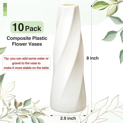 10 Pack Composite Plastic Flower Vases Bulk White Small Boho Floral Vases for Dried Flower Bouquet Pampas Grass Centerpieces Fall Wedding Party Living Room Decor(Retro)