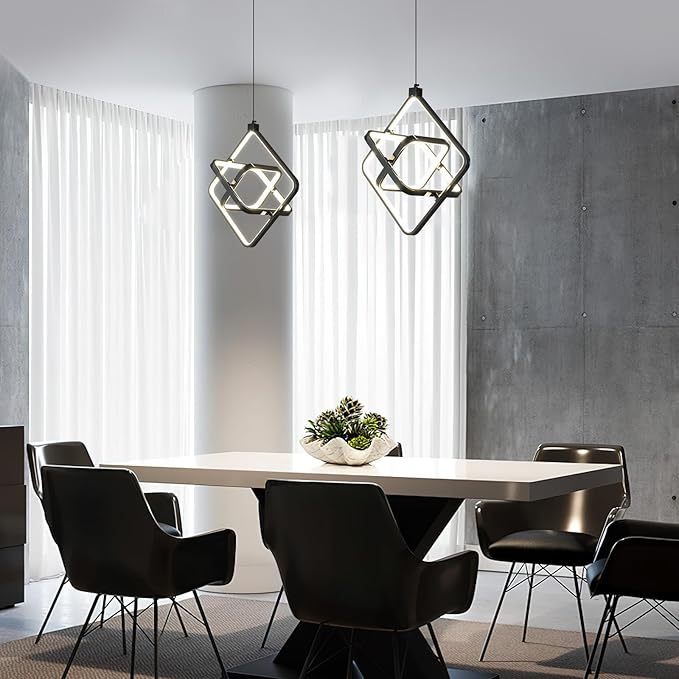 Modern LED Pendant Lights Plated Black Rectangular Pendant Light Fixtures 4000K 35W Dimmable Pendant Lighting for Dining Room Kitchen Island Bedroom Living Room Foyer（3-Ring）