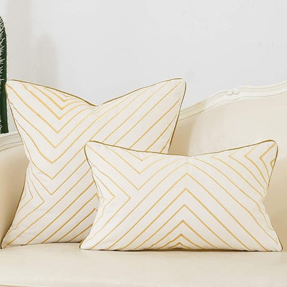 Avigers 18 x 18 Inch White Gold Striped Geometric Lines Embroidery Velvet Cushion Case Luxury Modern Throw Pillow Cover Decorative Pillow for Couch Living Room Bedroom Car 45 x 45cm