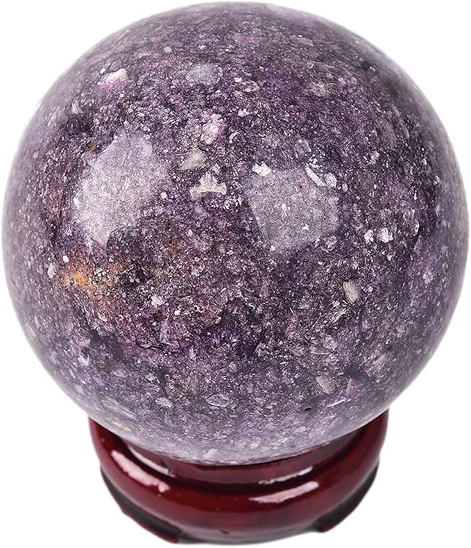 JIC Gem Deep Purple Lepidolite Sphere with Stand Natural Sparkling Lithia Mica Crystal Ball Brazil Mineral Gemstone (70-80mm)