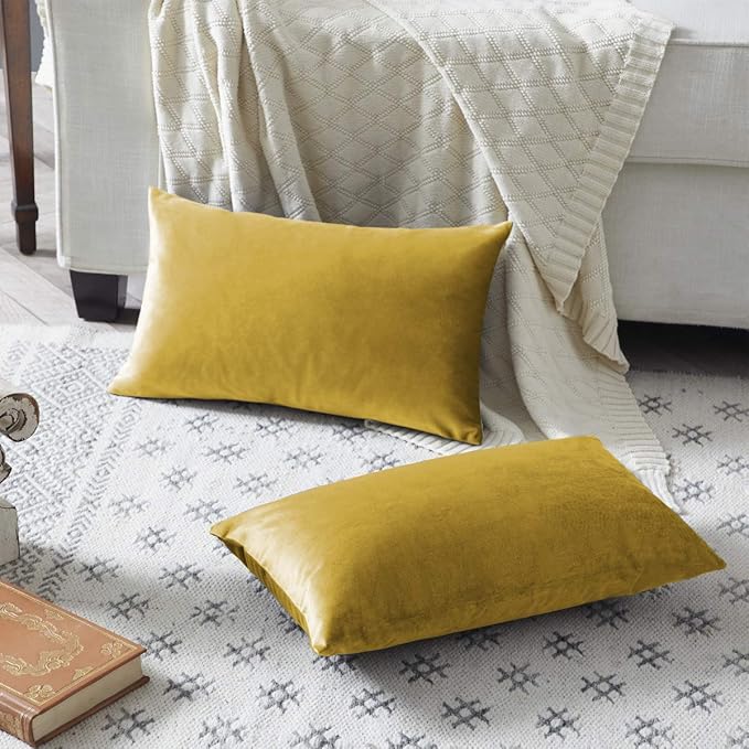 GIGIZAZA Yellow Velvet 20x12 Lumbar Decorative Throw Pillow Covers for Sofa Bed 2 Pack Soft Cushion Cover