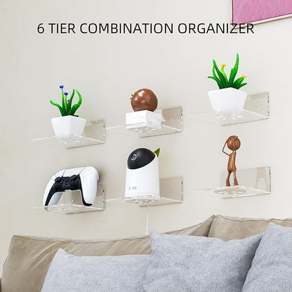 Acrylic Wall Shelves,Clear 6 inch Floating Shelves for Display,Echo,Cameras,Speaker,Router Wall Mounted Transparent Small Invisible Shelves with Adhesive Bedroom Bathroom Living Room