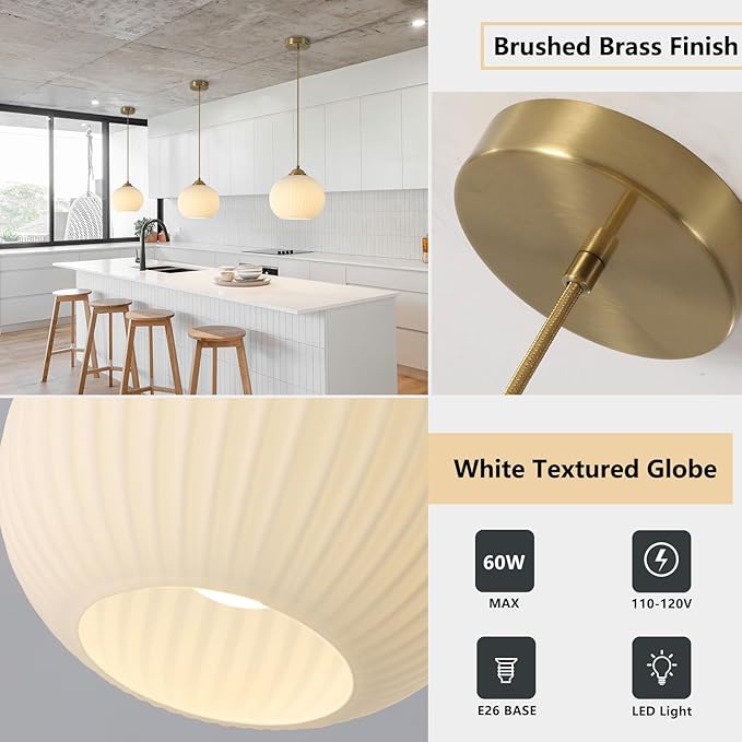 KCO Lighting Mid Century 1-Light Globe Pendant Light Industrial Vintage Brass Gold Pendant Lighting Fixture Kitchen Island Adjustable White Glass Hanging Ceiling Lights