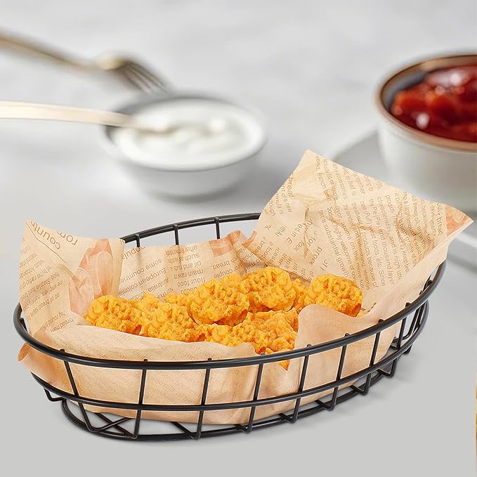 6 Pack Metal Fast Food Oval Baskets, Wire Bread Basket for Serving, Reusable Chip Burger Fruit Vegetables Bowl Storage for Kitchen Table, Restaurants, Snack Bar, 9.5" x 6.3" x 2"