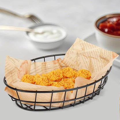 6 Pack Metal Fast Food Oval Baskets, Wire Bread Basket for Serving, Reusable Chip Burger Fruit Vegetables Bowl Storage for Kitchen Table, Restaurants, Snack Bar, 9.5" x 6.3" x 2"