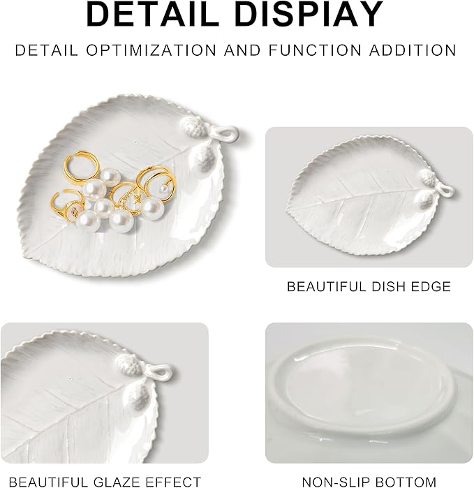 Ceramic Jewelry Dish, Decorative Tray for Rings Earrings Necklaces Bracelet Watch Keys, 4.50" Trinket Tray as Gifts for Women (White Leaf)