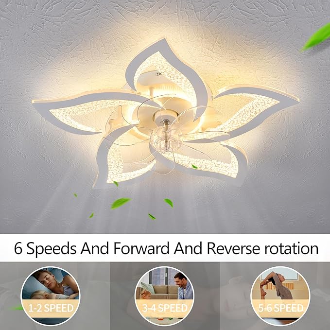 27" White Geometric Ceiling Fan with Light Remote Control, 3 Light Color 6 Speeds Flush Mount Low Profile Ceiling Fan with Light for Bedroom Kitchen