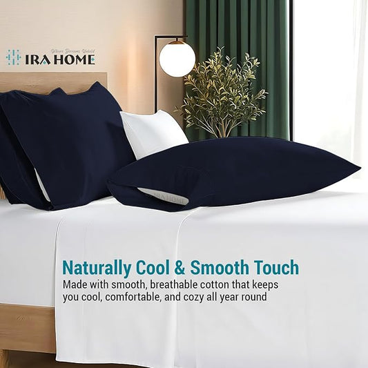 100% Egyptian Cotton Cushion Covers 24x24 Inch, 800 Thread Count Decorative Pillow Covers for Sofa, Bed & Office - Soft, Durable, Breathable Luxury Throw Pillowcases - Pack of 2, Navy Blue